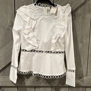 Ina White Ruffled Blouse with Circle Trim